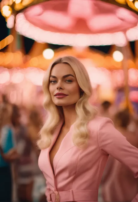 60s　retro-futuristic　An amusement park　natta　femele　full bodyesbian　high fashion　swedish, face of margot robbie　a blond　Pink Chanel Suit　20yr old　merry-go-round wide angle, sexy hyper realistic, fashion photography, wes anderson