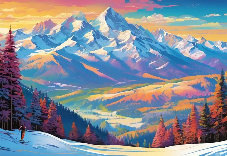 (best quality,4k,8k,highres,masterpiece:1.2),ultra-detailed,(realistic,photorealistic,photo-realistic:1.37),mountains covered in glistening silver snow, sparkling under the radiant sunlight, skiers gliding down the slopes with incredible speed, capturing t...