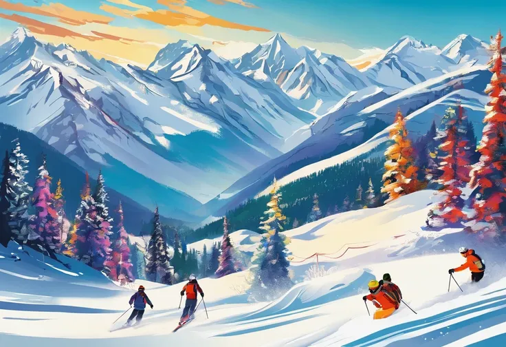 (best quality,4k,8k,highres,masterpiece:1.2),ultra-detailed,(realistic,photorealistic,photo-realistic:1.37),mountains covered in glistening silver snow, sparkling under the radiant sunlight, skiers gliding down the slopes with incredible speed, capturing t...