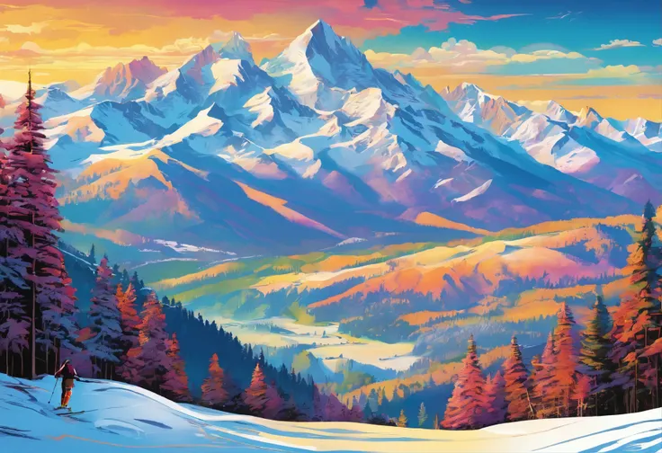 (best quality,4k,8k,highres,masterpiece:1.2),ultra-detailed,(realistic,photorealistic,photo-realistic:1.37),mountains covered in glistening silver snow, sparkling under the radiant sunlight, skiers gliding down the slopes with incredible speed, capturing t...