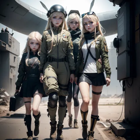 Three Ukrainian girls boarding a fighter plane , Ukrainian anime girls , , Ukraine ,  Full body composition of young girl with messy bright blonde hair, eye make up, 13 year old,  Soft lighting, Solo, Old torn dirty shabby futuristic military uniform, badg...