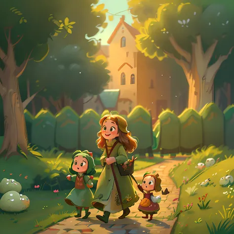 (high resolution: 1.2),Happy moment, medieval mother and 2 daughters, go shopping at village market, cheer, bunnies and duck, beautiful detailed eyes, lush green garden, long flowing hair, traditional medieval clothes,