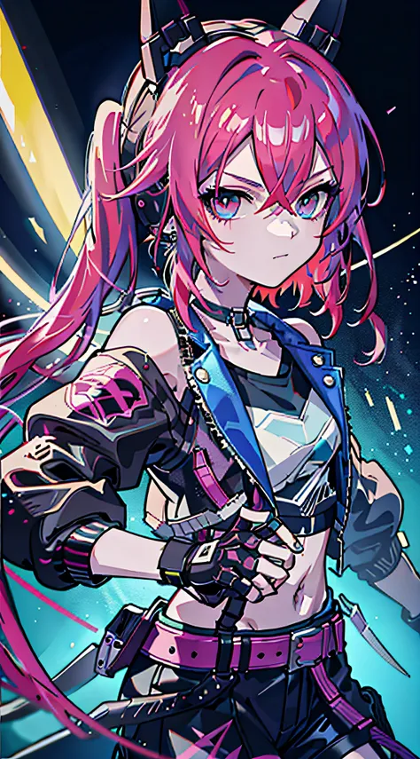 masutepiece, best quality, colorful, teenager with colorful pigtails wearing detailed leather jacket and anime t-shirt touching ...