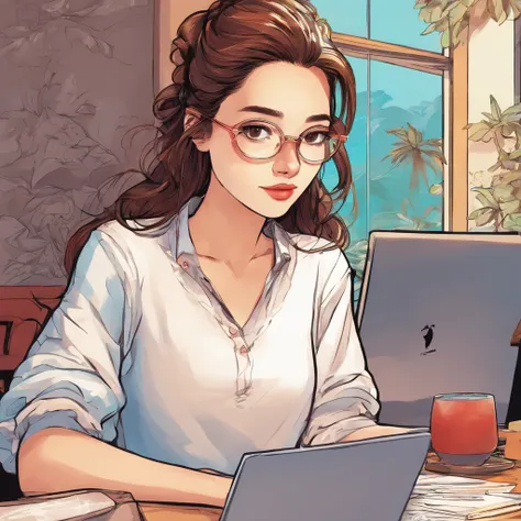 (best quality,high resolution),close-up portrait of a girl sitting at a wooden table, wearing a black V-neck short-sleeved shirt and round metal-frame glasses. She is a Chinese girl with her hair tied in a middle part, resting her left hand on a mouse whil...