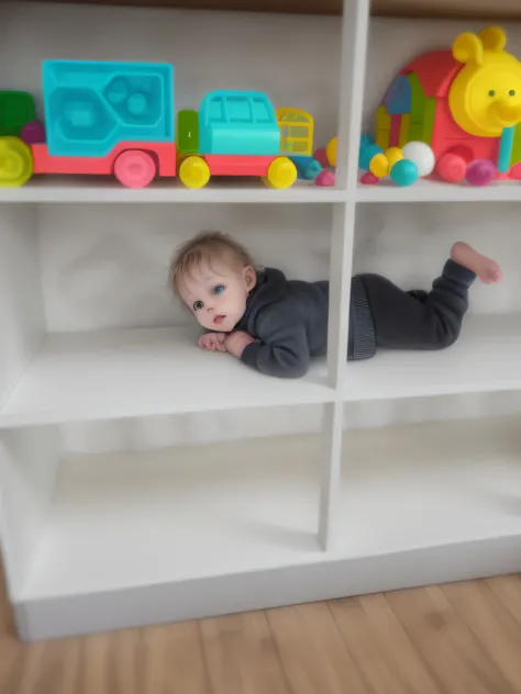 There is a baby lying on a shelf with toys on it, standing on a shelf, crawling towards the camera, crawling on the ground, eles podem estar engatinhando, posando como uma modelo em queda, sentado em uma prateleira de loja, in an action pose, playful pose,...