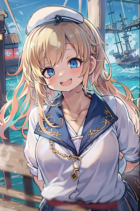 {{masutepiece, Best Quality, extremely details CG, Unity 8k壁纸, Cinematic lighting, }}, Sony α7, wide frame, south pacific, During the war with the Asian powers, The wind blowing on the Aegis ship, 1 girl, Full body, Smile, She is a sailor in the US Navy, C...