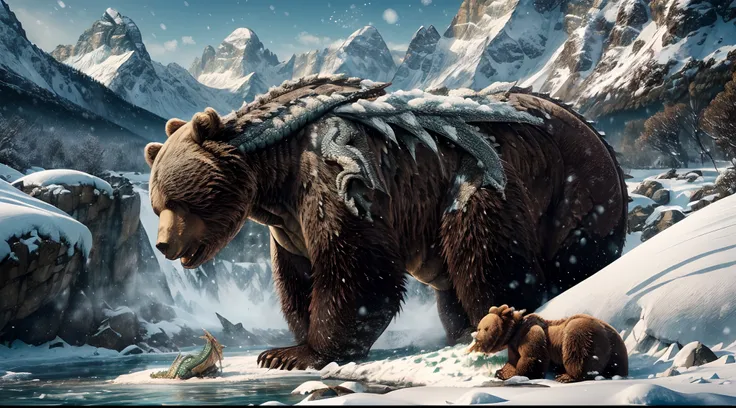 (Snowy mountains:1.5), (highly detailed dragon :1.5), (big brown bear eating fish:1.5), river flowing, highly detailed, 8k