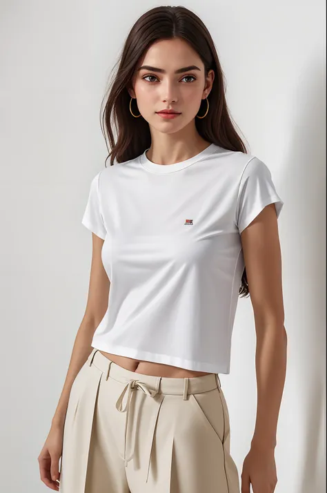 Woman in white shirt and beige pants posing for photo, camisa apertada, vestindo camisa apertada, tampo branco, usando roupas simples e apertadas, camiseta branca, camisa cinza, camiseta branca, camiseta branca, pele bronzeada uma camiseta e shorts, tshirt...