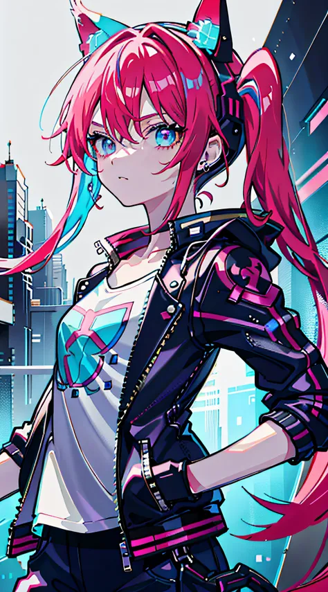 masutepiece, Best Quality, Colorful, Teenager with colorful pigtails wearing detailed leather jacket and anime t-shirt touching translucent panels, In dark voids filled with small strong light particles, Jacket from the shoulder, Front floating screen, Dra...