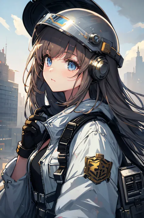 Anime girl with helmet and gun in the city, best anime 4k konachan wallpaper, anime style 4 k, Mechanized soldier girl, anime art wallpaper 4k, anime art wallpaper 4k, 4k anime wallpaper, girls frontline style, Fine details. girls frontline, 4 k manga wall...