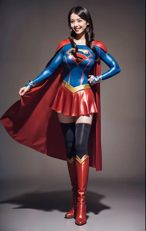 (((Make the most of the original image)))、(((Supergirl Costume)))、(((lustrous dark hair)))、(((Suffering)))、(((Feet must necessarily be worn with black tights)))、(((Smile)))、(((You need to wear red boots)))、((Top image quality、8K))、((top-quality、8K、​masterp...