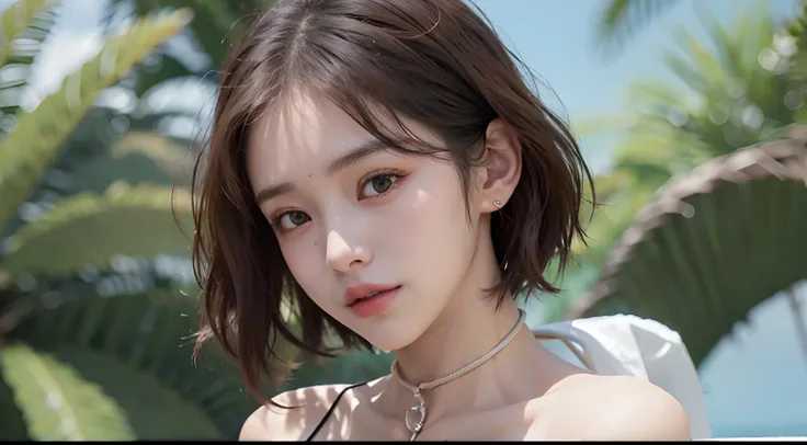 zydG, One of the cutest women, more skin, toView, brown  eyes, (Short hair with bangs:1.2), (tits huge:1.5), (medium areola:0.8),Telegraph Esbian、Pretty woman with emphasizing slender abs:1.3、(Photorealcitic:1.4), (The highest image quality:1.0), (超High Re...