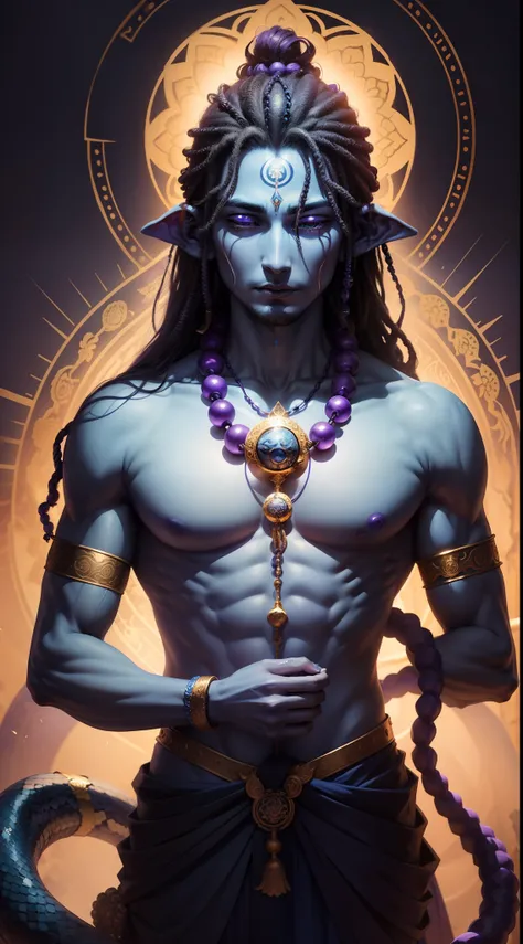 Lord Shiva、A meditative、3rd eye、Bright blue skin、slender、dreds、Wear rosaries on your arms and neck、Wrapping a snake around the neck、Countless Buddhas spreading in the back、Purple Magic Circle