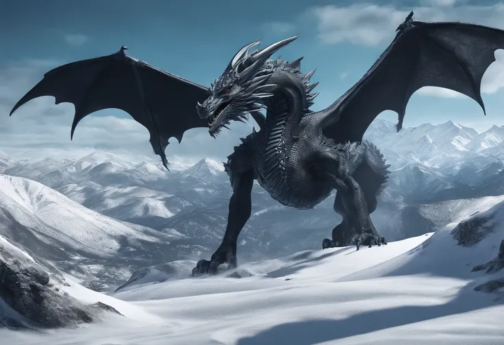 Dark Dragon of geo data over snowy mountains, blue sky,   the style of detailed hyperrealism photoshoot