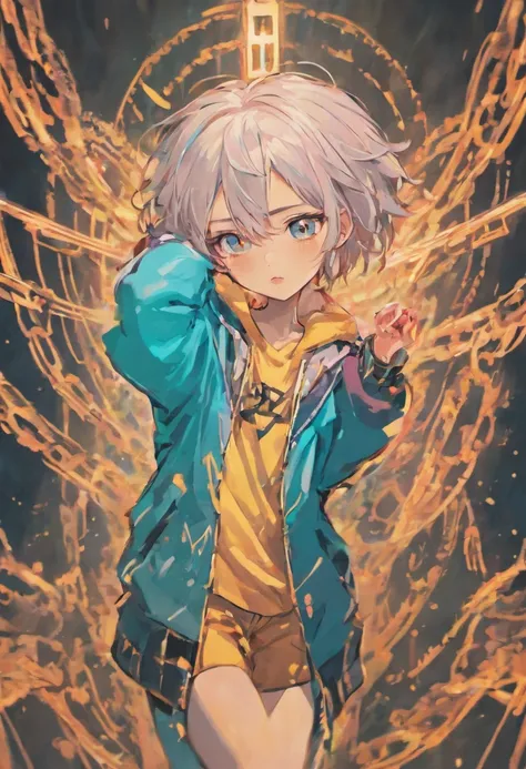 Hifh detail kpop boy, with cancer zodiac sign tattoo, chains, slim body with abbs, with a loose top, long silver hair with skyblue neon streaks , eyeballs blue eyes, straight up serious pose, big sized white jogging pants, cool open jacket, small body, str...