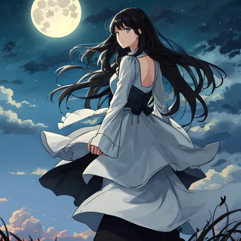 the night，The girl with long black hair turned around，The wind ruffled her hair，The boy stared at her blankly，Masterpiece, Best quality, Night, hill, Clouds, full moon, Long hair, woman, Silhouette, glowworm.