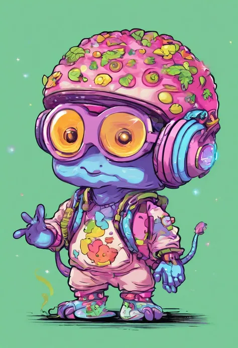 alien monster DJ, exposed brain, many mushrooms growing from brain, lsd trippy, bioluminescence