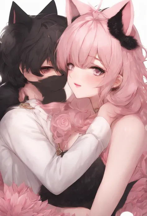 (best illustration, masterpiece) high resolution, close-up, soft skin,, [(cat ears, black fur, pink inside:1.2), (kiss, romantic, intimate):1.3]