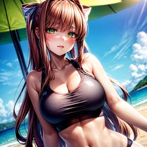 (masterpiece, best quality:1.2), (perfect anatomy), (perfect face), highres, high-definition quality, 4k quality, 1girl, (detailed eyes), jewel eyes, (perfect eyes), (green eyes), (1girl), ((monika)), detailed background, coral brown hair, sexy, (attractiv...