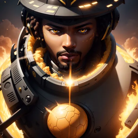 a close up of a black man wearing an African designed helmet, yellow smoke evaporating from the helmet,  with a yellow sun in the background, vapor, sitting on the cosmic cloudscape, face melting into the universe, psychonaut universe, with iridescent ligh...