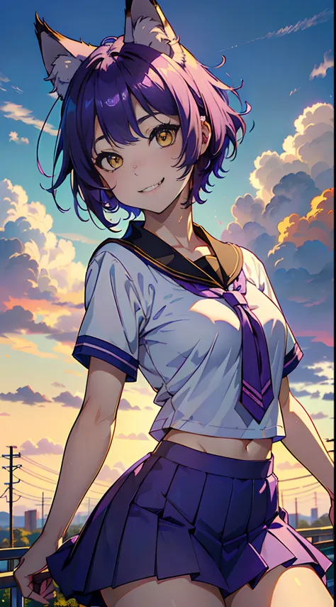 anime girl, teen, short purple hair, wolf ears, (wolf tail), wallpaper, bishoujo, smile, teeth fang, looking up, cinematic, clouds, yellow eyes, one purple tail, nekomimi, sailor school uniform white, short sleeve, half body, short blue skirt, yellow eyes,...