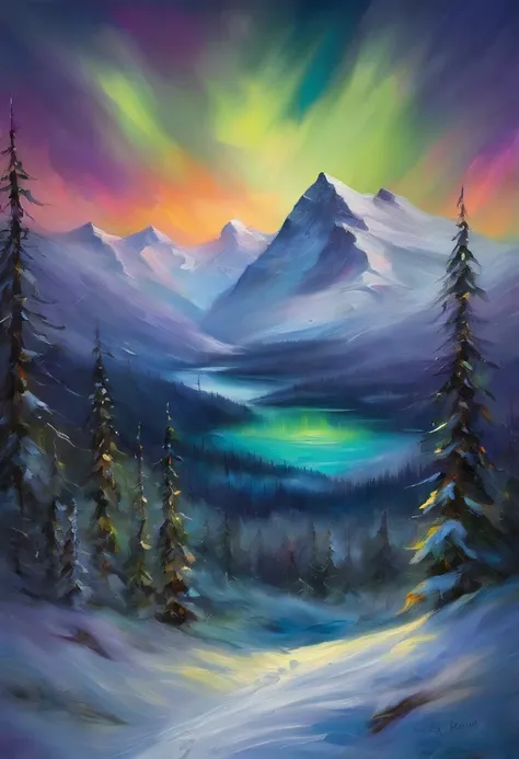 Night on a snowy mountain with coniferous forest covered with snow at the foot of the mountain。Aurora borealis shine in the sky above and the snow looks tinted with the color of the aurora borealis.