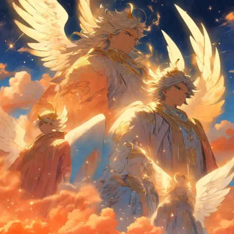 Angels without human feelings, the creator of the universe, mito, In the background of the image, Scene of the Tian Shan, orange clouds. The style of the image should be a caricature, With strong and eye-catching brushstrokes, As well as the mythology and ...