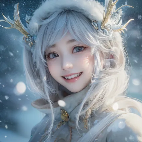 snow mountains、snow mountains、snow mountains、Close up of a smile with the corners of the mouth raised、Snow Fairy、Snow Girl、Snow Costume、Cosplay、(realisitic、hight resolution)、(1 girl in)、Snow Girl、Do-Up Eye、Korean Girl、(Best Quality), (masutepiece), (1girl ...