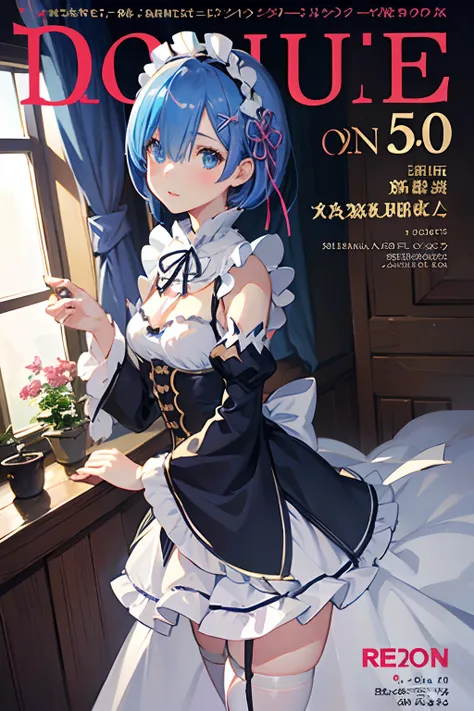 (masuter piece,Best Quality,Ultra-detailed), (A detailed face),rem,Remu,Rezero, hight resolution, 1girl in, (front-facing view), blue hairs, Blue eyes, Hair above one eye,Pink Hair Ribbon,rems maid uniform, Detached sleeves, flat-chest, (Beautiful Detail E...