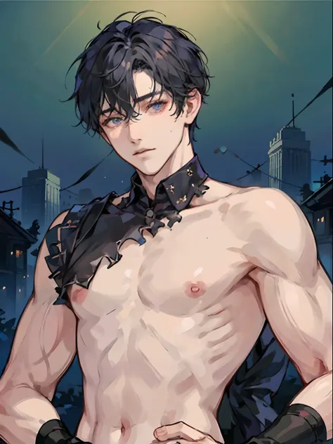 1boy,10 talents、(Mans :2) ,Handsome boy,A dark-haired、tattooed、(Upper body naked:1.5)、mid night 、Ruined buildings、dark ilumination、hightquality、masutepiece,8K,NSFW,