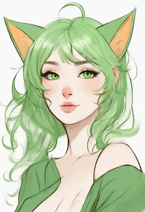 (Sketch drawing), (Close up), (Small body:1.2), (rosycheeks:1.2), (Green cat ears), (Beautiful cat ears), (Green hair), (Green eyes), (Medium hair), (White background:1.3),