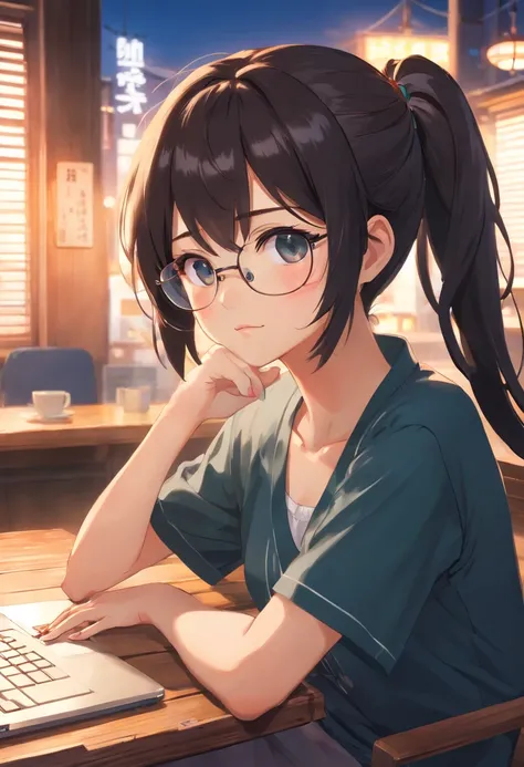 (Best quality,very high res),Close-up portrait of the front upper body of a girl sitting at a wooden table, Wear a black V-neck short-sleeved shirt and round metal-framed glasses. She is a Chinese girl，Long black hair tied in a ponytail, Place your left ha...