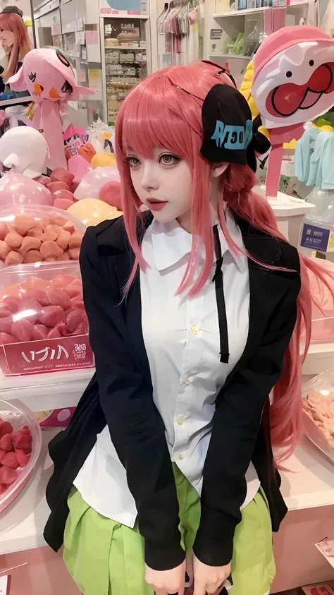 In a store with a lot of hats and other items，There is Arakfi, pink twintail hair and cyan eyes, Anime girl cosplay, Anime girl in real life, rena nounen style 3/4, 1 7 - year - old anime goth girl, Anime cosplay, wearing pink hair bow, Junko Enoshima, as ...