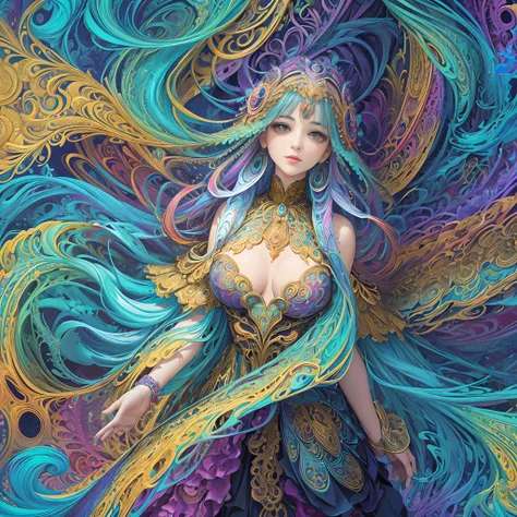 (masterpiece, top quality, best quality, official art, beautiful and aesthetic:1.2), (1girl:1.3), extremely detailed,(fractal art:1.2),colorful,highest detailed,(zentangle:1.2), (dynamic pose), (abstract background:1.5), (treditional dress:1.2), (shiny ski...