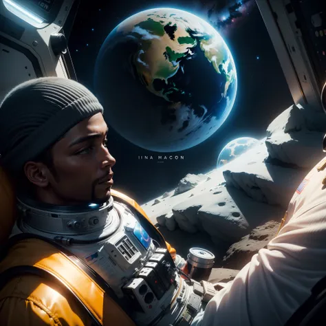 Black man astronaut on the moon with beer bottle in hand, watching TV while relaxing in space, on moon, realistic photo from nasa,  TV shining blue light in the scene, interstellar colour grading, with iridescent light, 32k, ultra HD, unreal engine rendere...