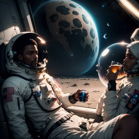 Black man astronaut on the moon with beer bottle in hand, watching TV while relaxing in space, on moon, realistic photo from nasa,  TV shining blue light in the scene, interstellar colour grading, with iridescent light, 32k, ultra HD, unreal engine rendere...