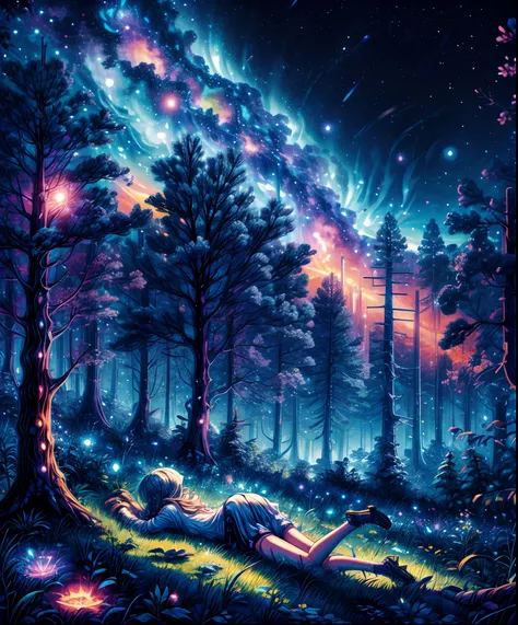 Describe a scene where a cute girl character is lying on a grassy hill, Looking up at the starry sky. Surround her with colorful nebulae and her favorite constellations.