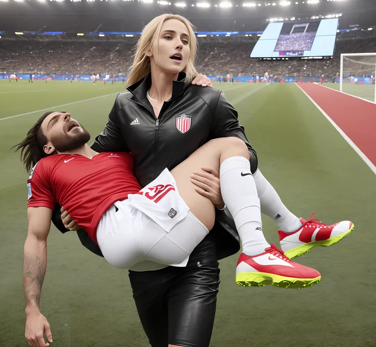 he wears white and red soccer shoes, mens soccer shoes, she carries the wounded mans body in her hands, she is crying for help, she is shouting out with desperation, Andrea grabs his legs and his body with her hands, the bearded man in Andreas arms is visi...