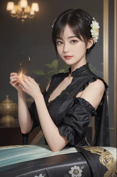 ((Best Quality))), (8K picture quality), ((masutepiece)), (Very sophisticated、Beautiful fece), (wearing dresses) , (1womanl), (Black Shorthair), Dress up, with floral pattern, Soft silk fabric, 电影灯光, Gentle expression, A slight smil, Luxurious interior