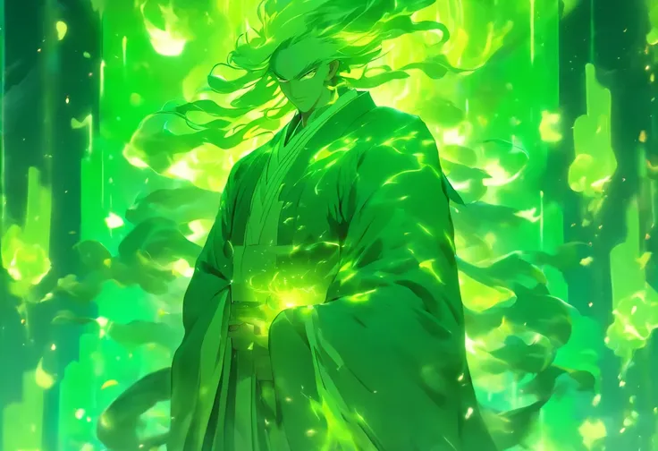 China-style，A Taoist priest stands in front of a huge transparent green light statue，Stretch your hands，Long messy hair，Glow effects，8K，super-fine，tmasterpiece，high qulity