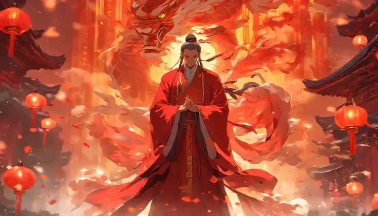 China-style，The Taoist priest stands in front of a huge transparent red statue，Stretch your hands，Glow effects，8K，super-fine，tmasterpiece，high qulity