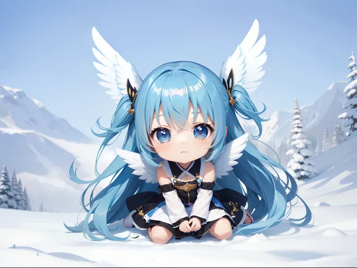 Fly through the sky with angel wings　Chibichara　long hair with blue hair((Chibi Chara))、Fluffy、girl with、Chibi Chara、full body Esbian、Pastel colors hair、masutepiece、top-quality、