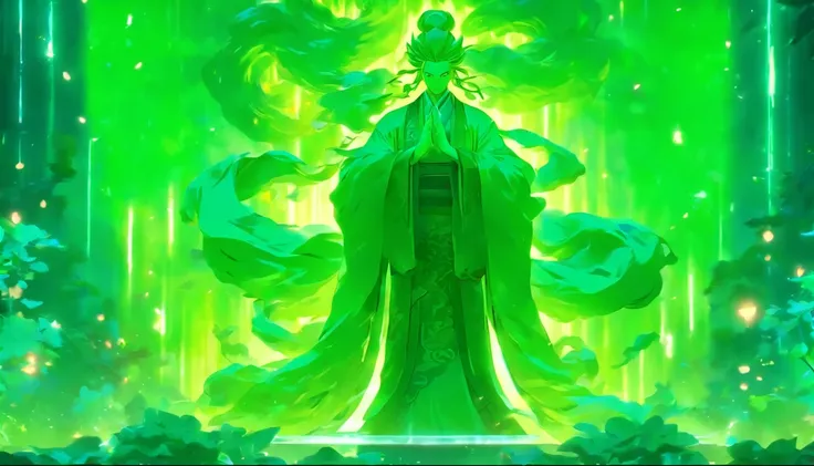 China-style，The Taoist priest stands in front of a huge transparent green light statue，Stretch your hands，Long messy hair，Glow effects，8K，super-fine，tmasterpiece，high qulity