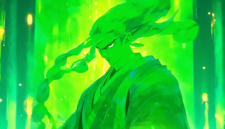 China-style，The Taoist priest stands in front of a huge transparent green light statue，Stretch your hands，Long messy hair，Glow effects，8K，super-fine，tmasterpiece，high qulity