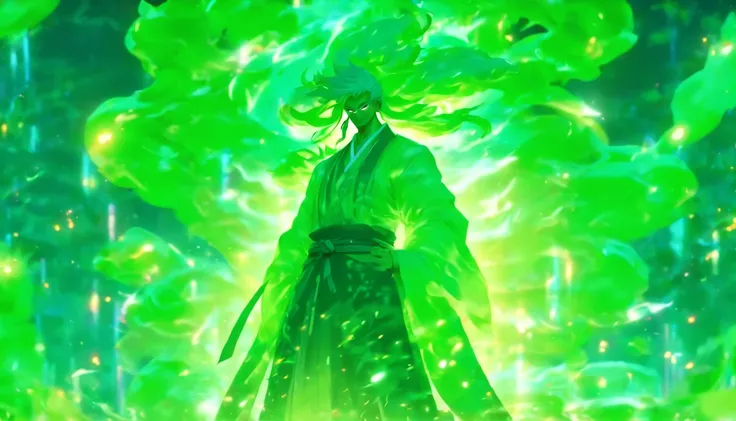 China-style，The Taoist priest stands in front of a huge transparent green light statue，Stretch your hands，Long messy hair，Glow effects，8K，super-fine，tmasterpiece，high qulity