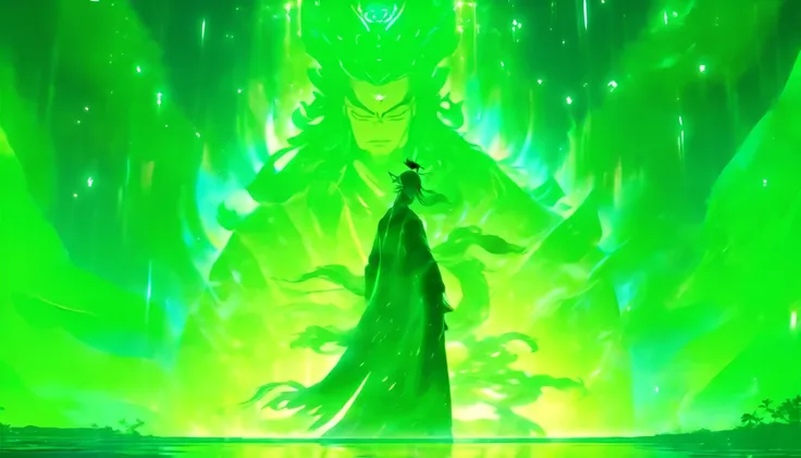 China-style，The Taoist priest stands in front of a huge transparent green light statue，Stretch your hands，Long messy hair，Glow effects，8K，super-fine，tmasterpiece，high qulity