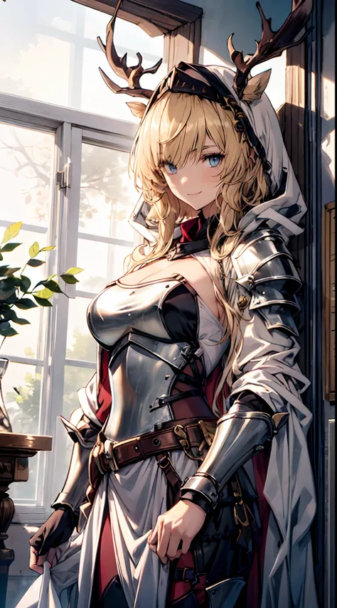 A solemn knight with a shawl, golden hair, Stand in the middle of the background of the scene, Add a touch of knightly armor(0.7) To her charm. She has medium breasts and an alluring smile with her hair accessories