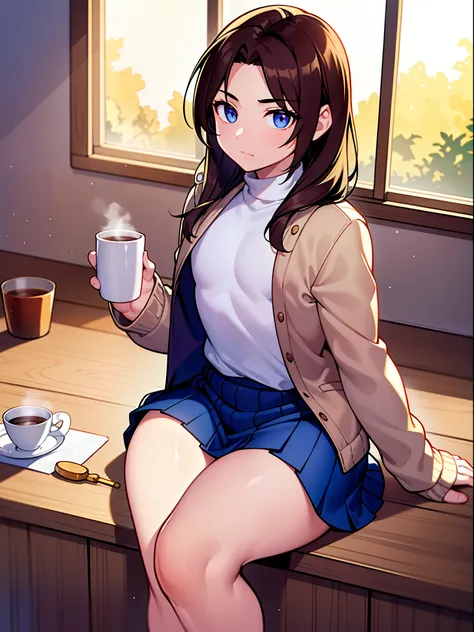 Very handsome effeminate guy of 17 years old with thick brown hair just above the shoulders; big brown eyes, long eyelashes; Almost flat chest; in a woolen sweater, Long wool skirt, sitting on the windowsill with a cup of coffee, Nearby is a muscular blue-...