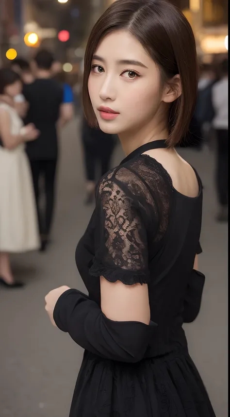 ((top-quality、8K、​masterpiece、:1.3))、1girl in、Amazing beauty，full body Esbian、Slim Faces、Pretty women、(dark brown hair)、qipao dress:1.1、Super Detailed Face、detailedeyes、二重まぶた、blurry backround、Slim Faces、nighttime scene、appearance、Street、raw,Back，Walking，ra...