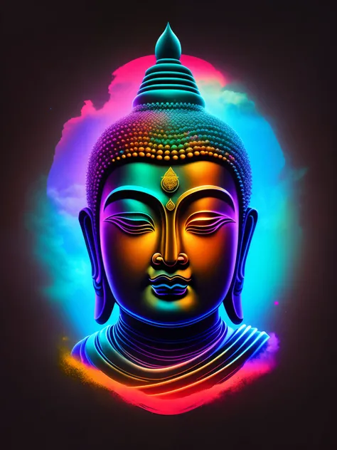 Head of the Buddha, auricular, capuz, cores frias em neon, design de camiseta, rzminjourney, arte vetorial